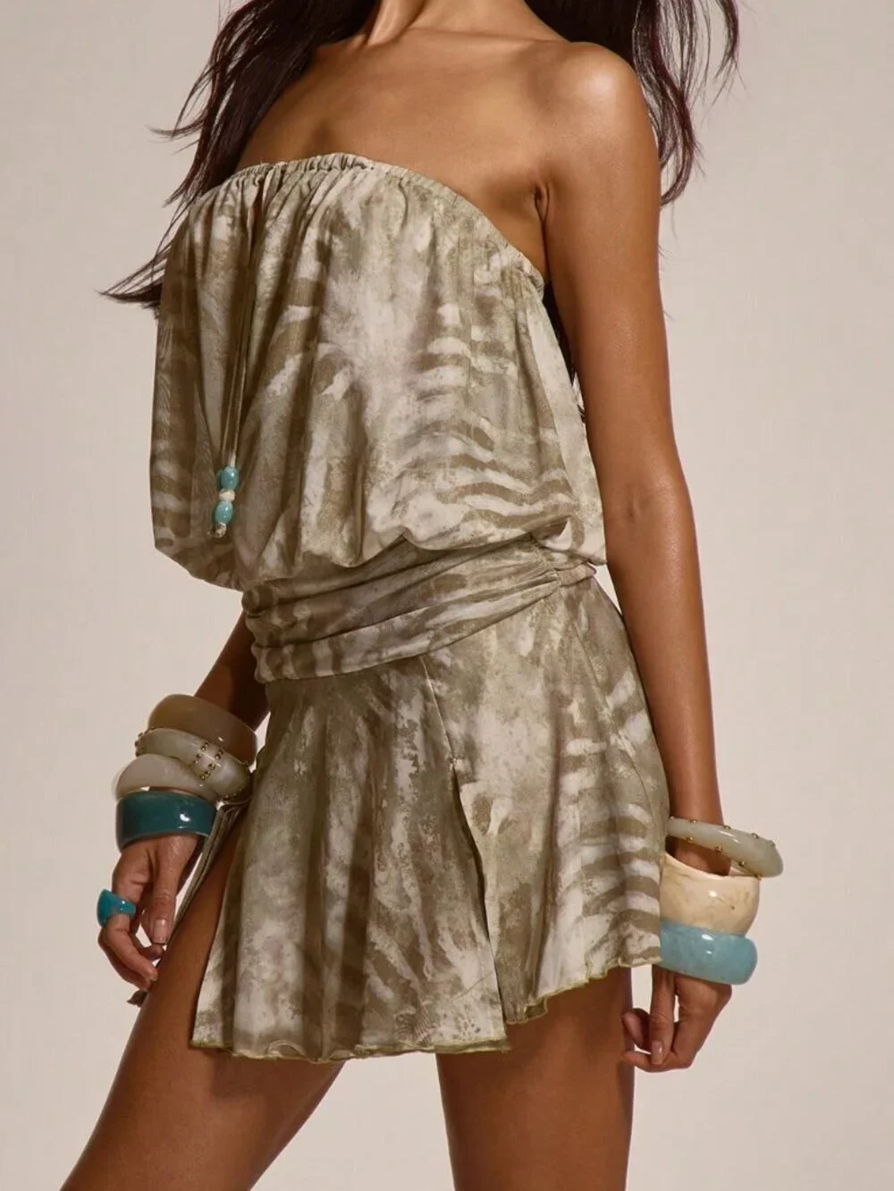 Multicolor Beaded Tie-Front Women's Mini Dress with Ruched Waist & Side Split